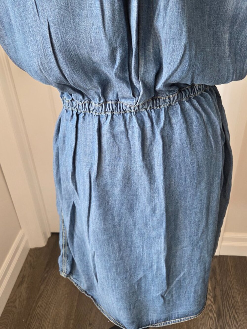 Spanner chambray dress elastic waist cap sleeves button down size 14 - Picture 6 of 7